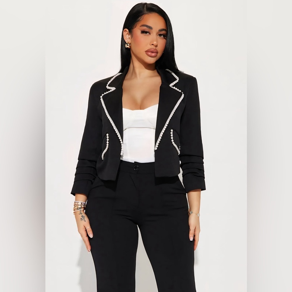 Elegant Black Blazer with Pearl Trim